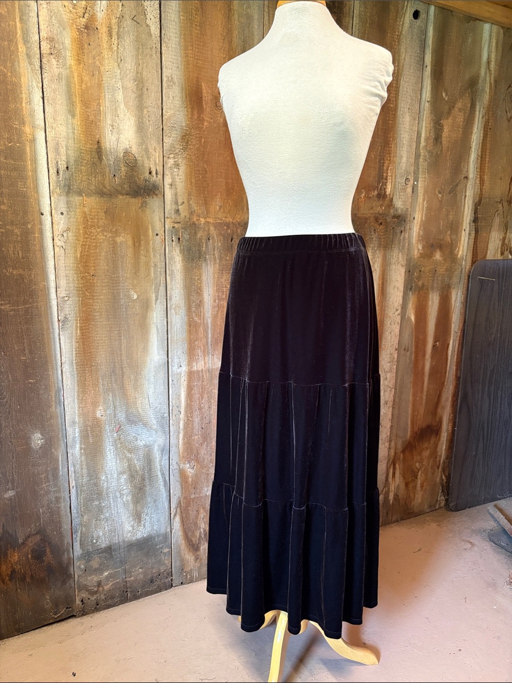 Chico's Brown Velvet Tiered Maxi Skirt Women's Size 2 12/14 Large Boho Prairie